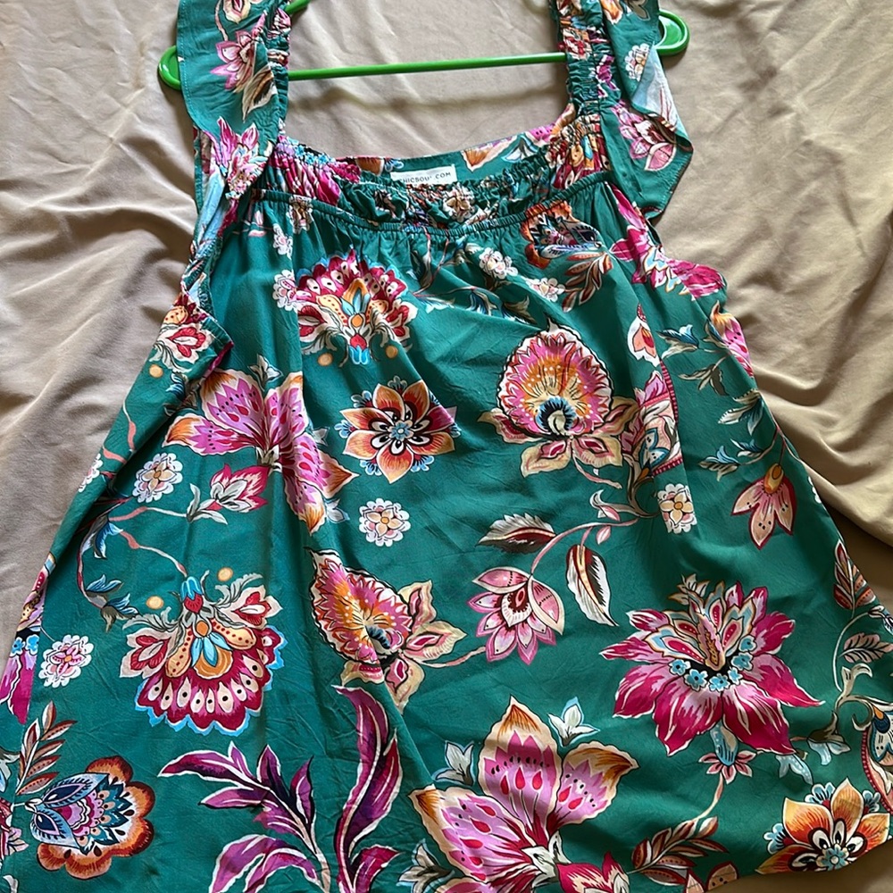 Floral Smocked Strap Women's Top - Teal & Pink